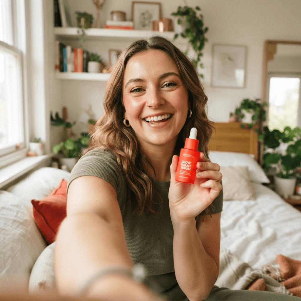 Handheld selfie-style UGC video still of a creator holding a product